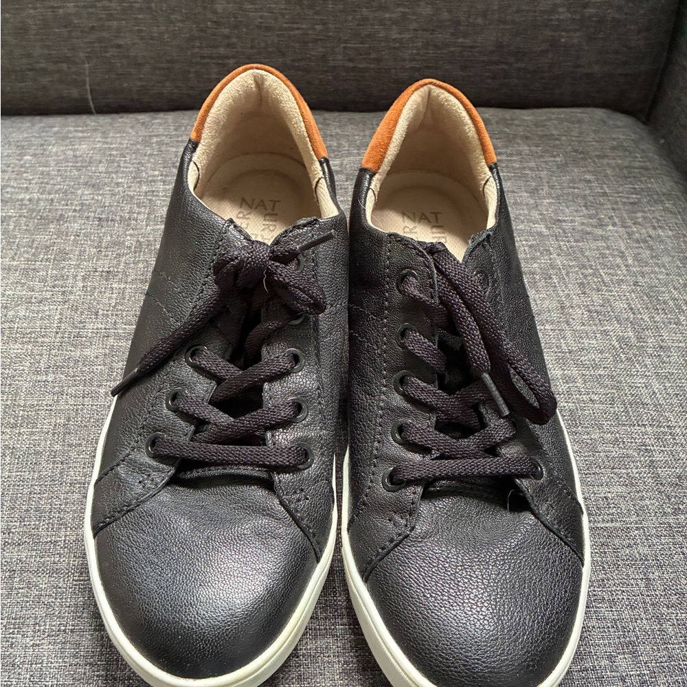 Naturalizer Black Leather Low-Top Sneakers with Tan Heel Accent